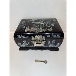 Vintage Asian Musical Jewelry Box Black Lacquer Mother of Pearl Inlay Lock Key
